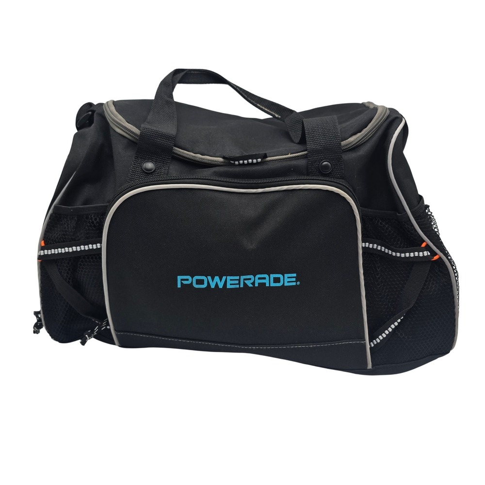 Powerade Black Canvas Athletic Duffel Gym Bag Reflective Trim Shoulder Strap